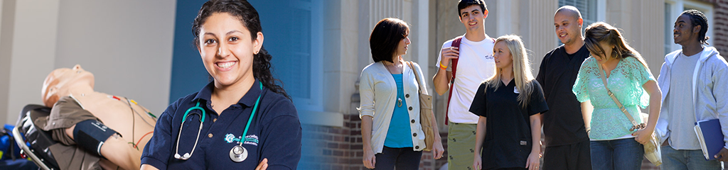 An image of a female EMS student and a group of Gaston students walking together on campus