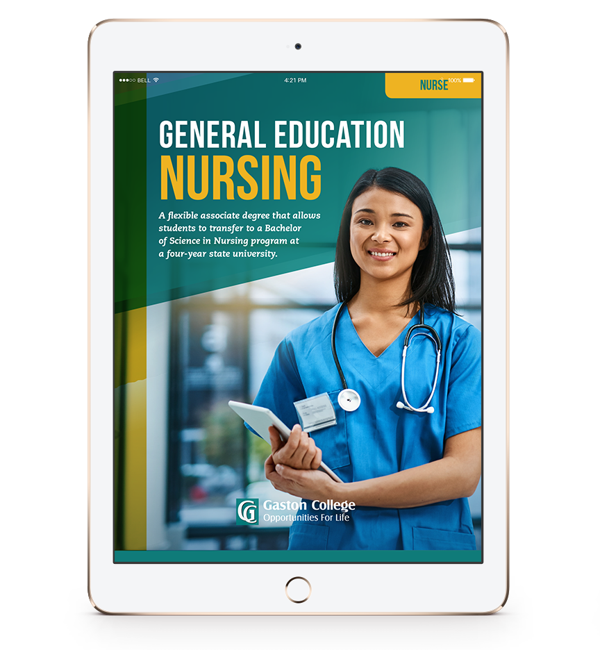 Nurse in blue shirt holding iPad