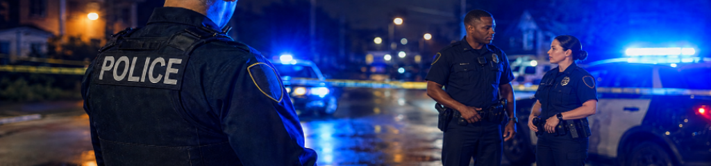 Police scene with a male Caucasian officer facing away and an African American male officer and a Caucasian female officer standing in front of a car facing forward.