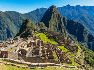 Blue sky, Green Mountain, City of Machu (the lost city of the Incas),