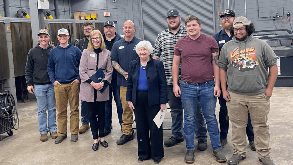 Secretary Yellen with Welding class at Gaston College